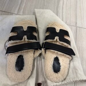 Hermes Women's Black and Cream Shearling Slippers